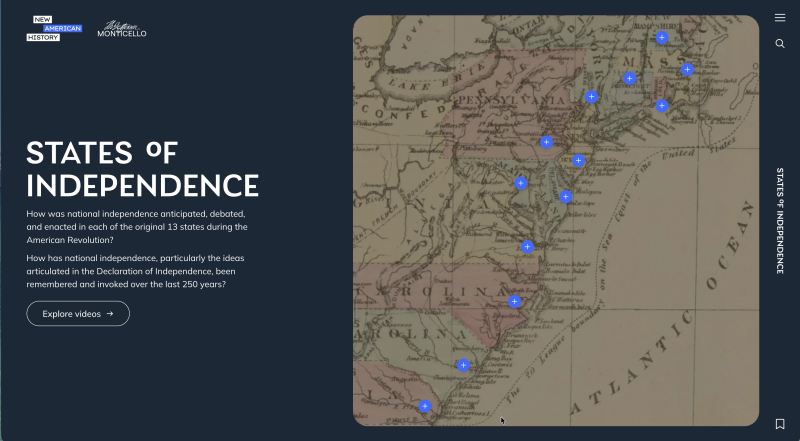 Image of a historical United States map of the original 13 states, the New American History logo and title text.